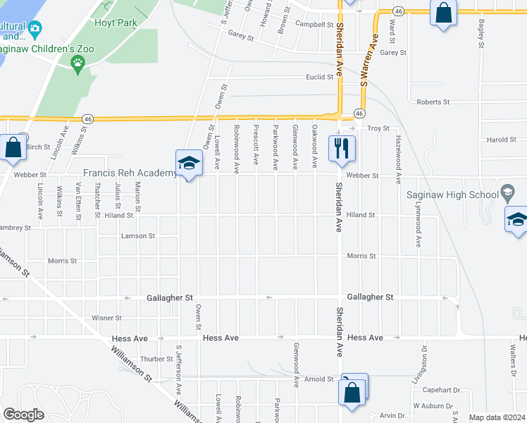 map of restaurants, bars, coffee shops, grocery stores, and more near 1903 Hiland Street in Saginaw