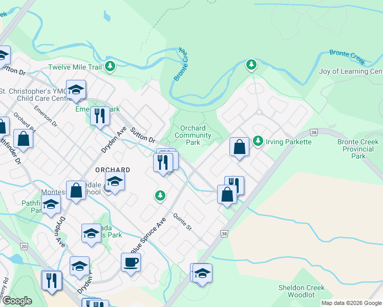 map of restaurants, bars, coffee shops, grocery stores, and more near 2223 Sutton Drive in Burlington