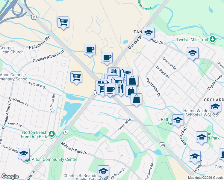 map of restaurants, bars, coffee shops, grocery stores, and more near 2475 Appleby Line in Burlington