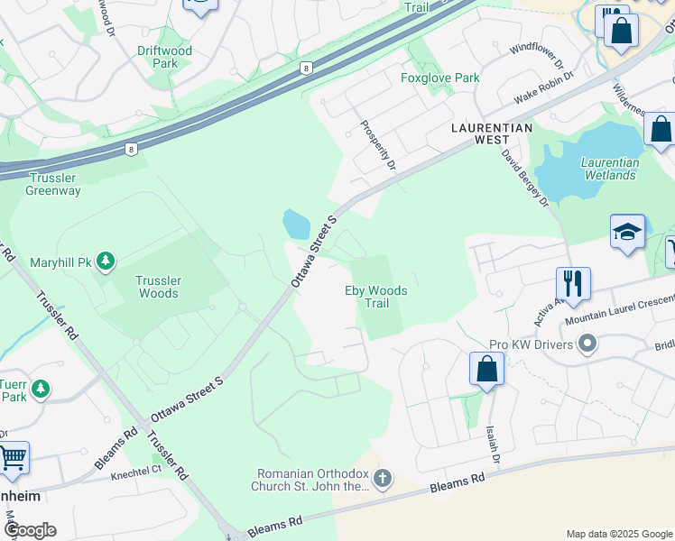 map of restaurants, bars, coffee shops, grocery stores, and more near 1989 Ottawa Street South in Kitchener