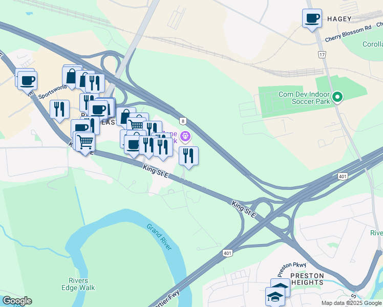 map of restaurants, bars, coffee shops, grocery stores, and more near 170 Gateway Park Drive in Kitchener