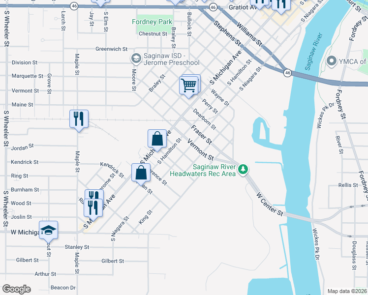 map of restaurants, bars, coffee shops, grocery stores, and more near 1800 South Niagara Street in Saginaw