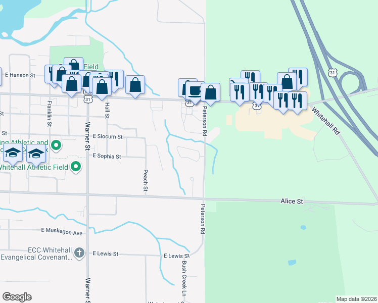 map of restaurants, bars, coffee shops, grocery stores, and more near 1215 South Timberview Drive in Whitehall