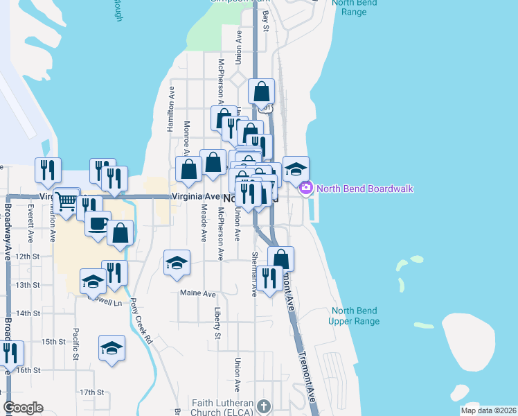 map of restaurants, bars, coffee shops, grocery stores, and more near 2043 Sherman Avenue in North Bend