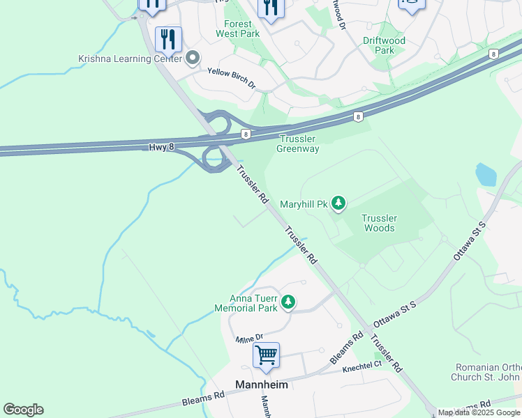 map of restaurants, bars, coffee shops, grocery stores, and more near 493 Trussler Road in Kitchener