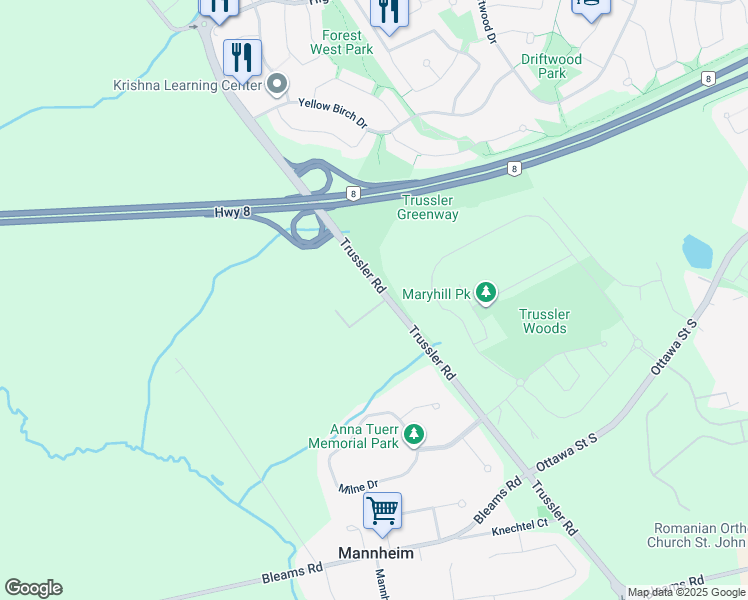 map of restaurants, bars, coffee shops, grocery stores, and more near 493 Trussler Road in Kitchener