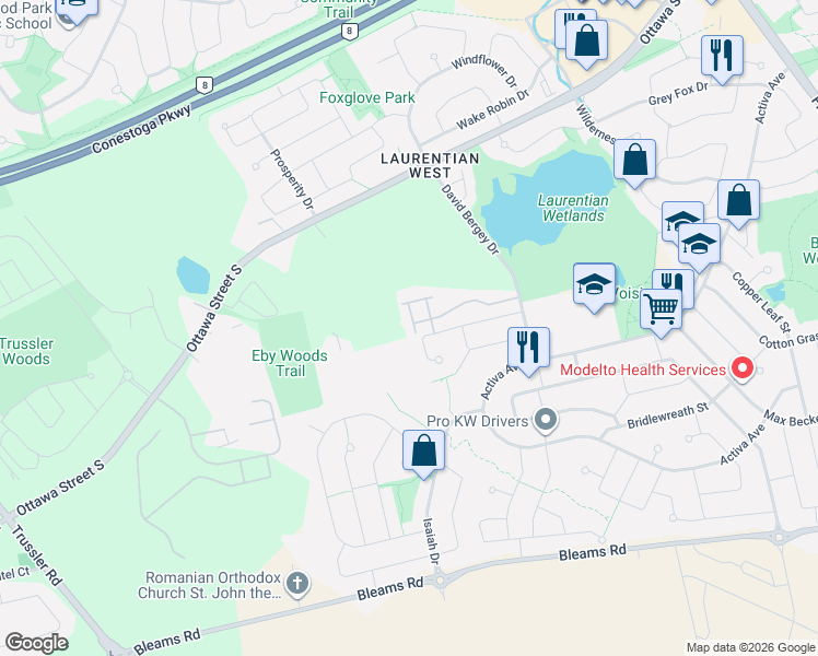 map of restaurants, bars, coffee shops, grocery stores, and more near 556 Peach Blossom Court in Kitchener