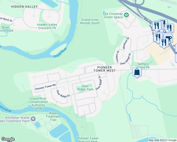 map of restaurants, bars, coffee shops, grocery stores, and more near 250 Deer Ridge Drive in Kitchener