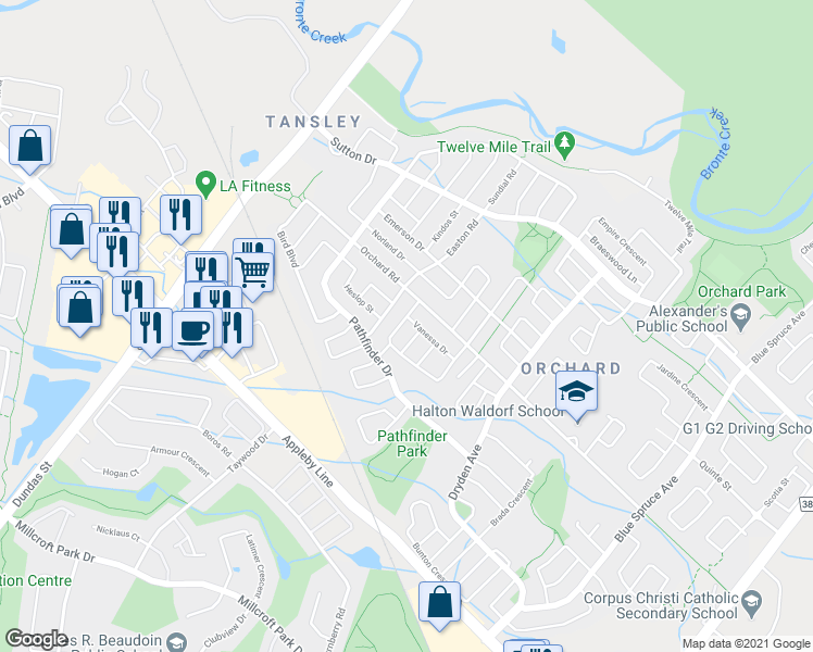 map of restaurants, bars, coffee shops, grocery stores, and more near 5216 Garland Crescent in Burlington