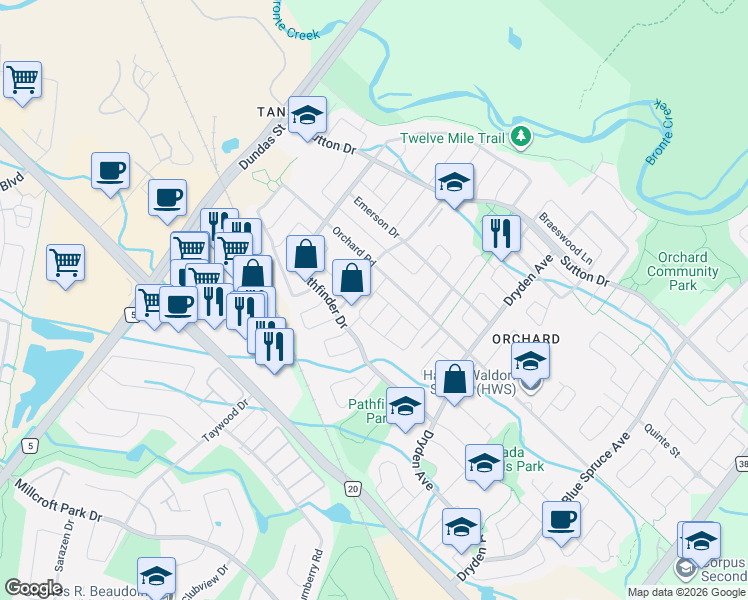 map of restaurants, bars, coffee shops, grocery stores, and more near 5216 Garland Crescent in Burlington