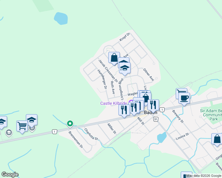 map of restaurants, bars, coffee shops, grocery stores, and more near 92 Wagler Avenue in Baden