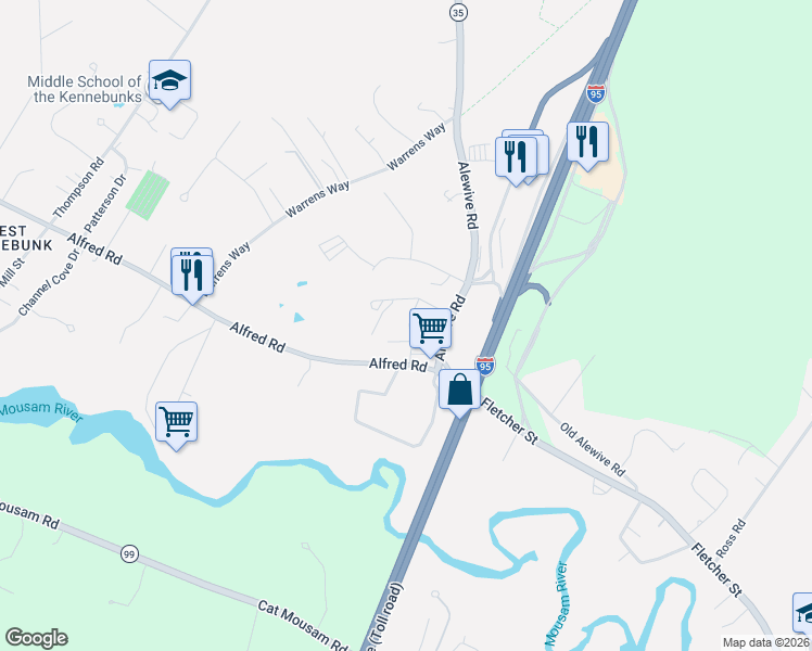 map of restaurants, bars, coffee shops, grocery stores, and more near 11 Alfred Road in Kennebunk