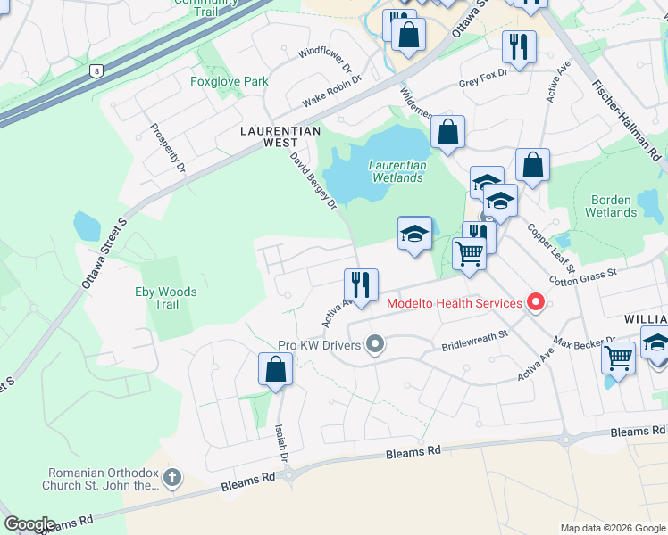 map of restaurants, bars, coffee shops, grocery stores, and more near 138 Peach Blossom Crescent in Kitchener