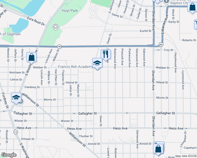 map of restaurants, bars, coffee shops, grocery stores, and more near 2306 Owen Street in Saginaw