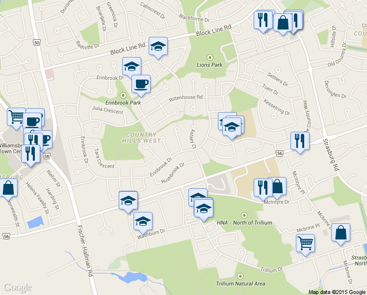 map of restaurants, bars, coffee shops, grocery stores, and more near 2 Pipers Green Court in Kitchener
