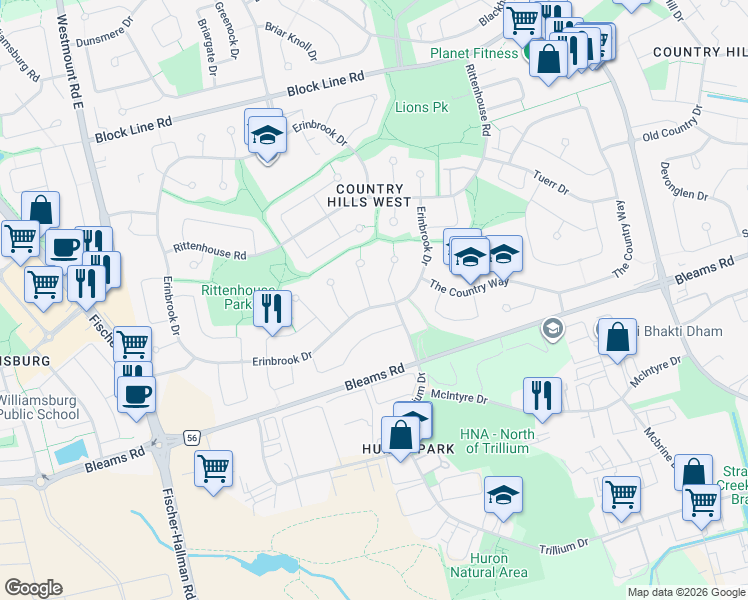 map of restaurants, bars, coffee shops, grocery stores, and more near 2 Pipers Green Court in Kitchener