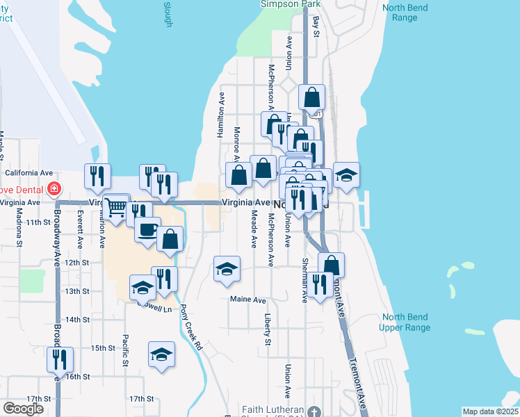 map of restaurants, bars, coffee shops, grocery stores, and more near 2021 Meade Avenue in North Bend