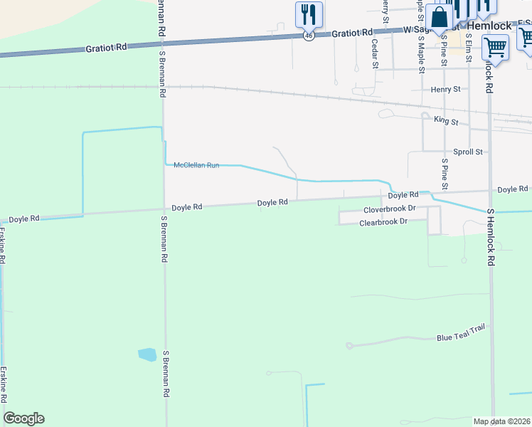 map of restaurants, bars, coffee shops, grocery stores, and more near 16679 Doyle Road in Hemlock