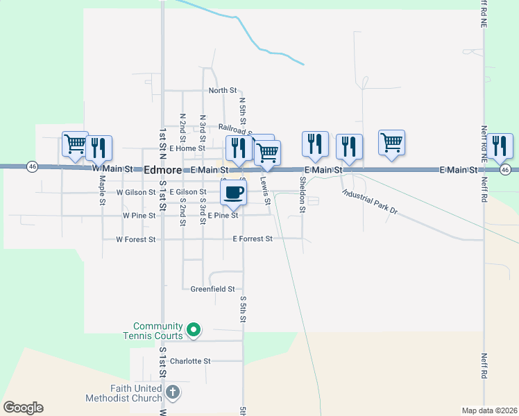 map of restaurants, bars, coffee shops, grocery stores, and more near 526 East Gilson Street in Edmore