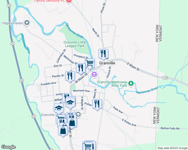 map of restaurants, bars, coffee shops, grocery stores, and more near 79 Main Street in Granville