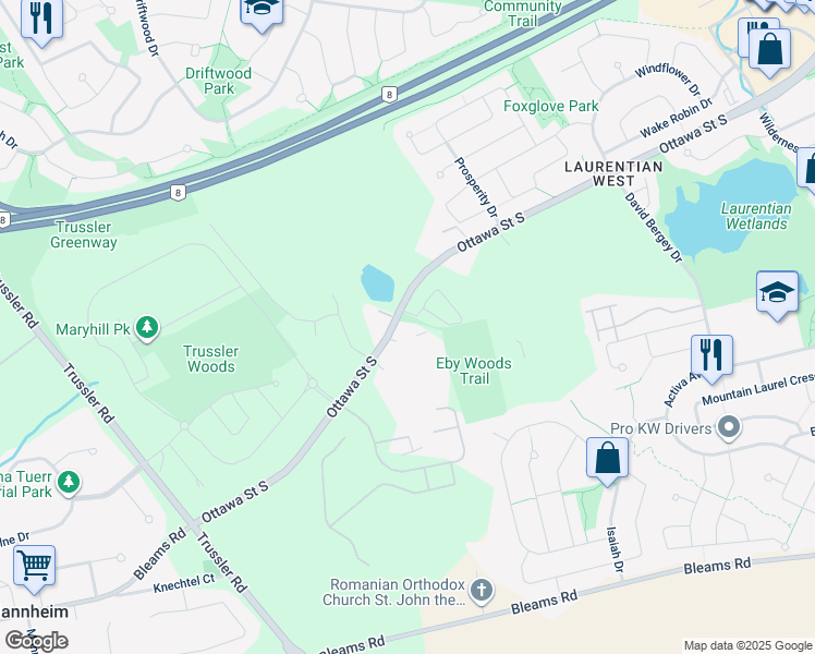 map of restaurants, bars, coffee shops, grocery stores, and more near 1944 Ottawa Street South in Kitchener
