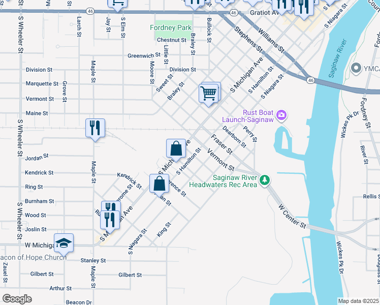 map of restaurants, bars, coffee shops, grocery stores, and more near 1721 South Michigan Avenue in Saginaw
