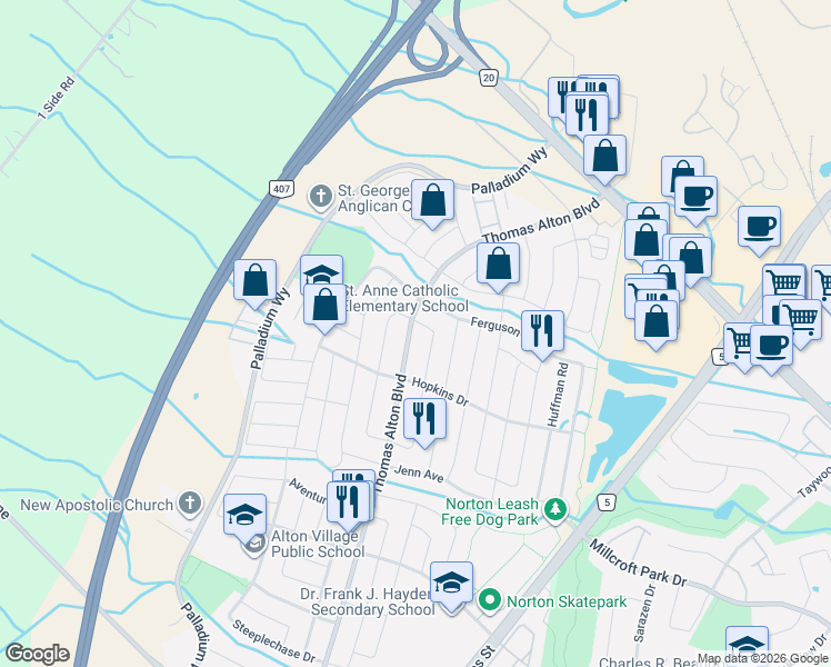map of restaurants, bars, coffee shops, grocery stores, and more near 4694 Thomas Alton Boulevard in Burlington