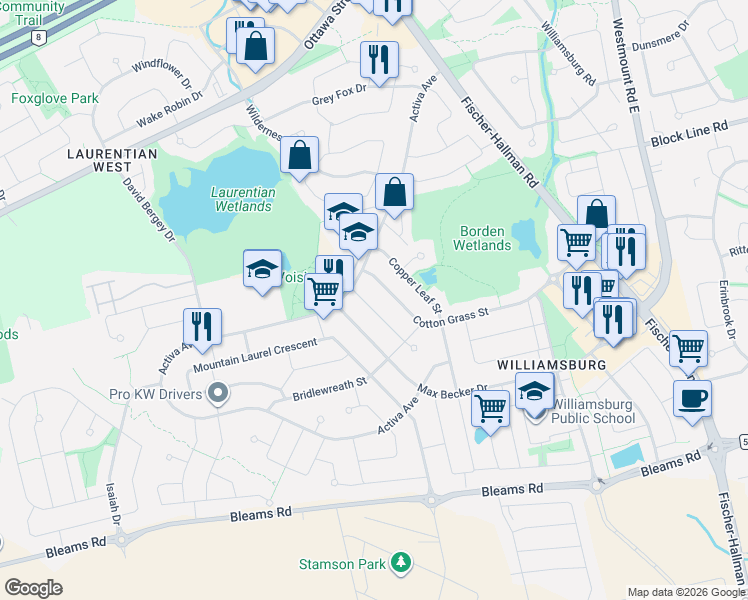 map of restaurants, bars, coffee shops, grocery stores, and more near 30 Bridlewreath Street in Kitchener