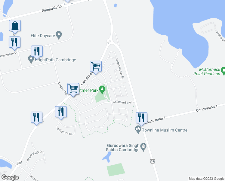 map of restaurants, bars, coffee shops, grocery stores, and more near 16 Baggs Crescent in Cambridge