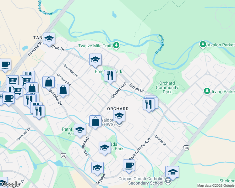 map of restaurants, bars, coffee shops, grocery stores, and more near 5360 Dryden Avenue in Burlington