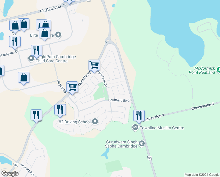 map of restaurants, bars, coffee shops, grocery stores, and more near 16 Baggs Crescent in Cambridge