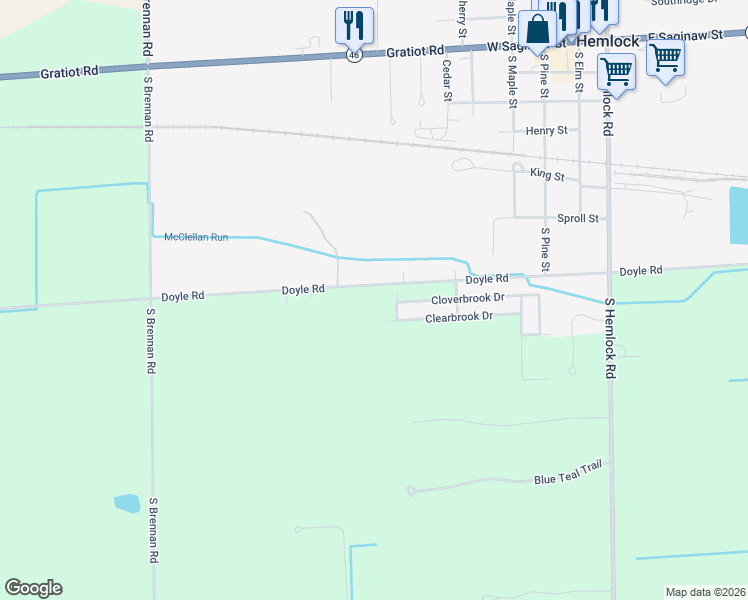map of restaurants, bars, coffee shops, grocery stores, and more near 16503 Doyle Road in Hemlock