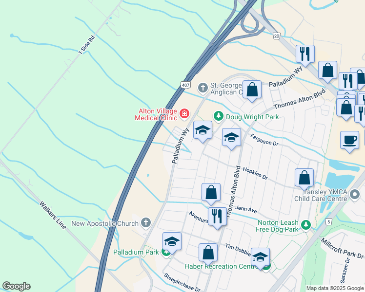 map of restaurants, bars, coffee shops, grocery stores, and more near 4682 Ray Lane in Burlington