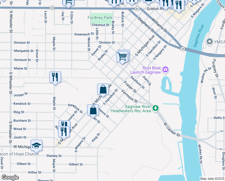 map of restaurants, bars, coffee shops, grocery stores, and more near 1721 South Michigan Avenue in Saginaw