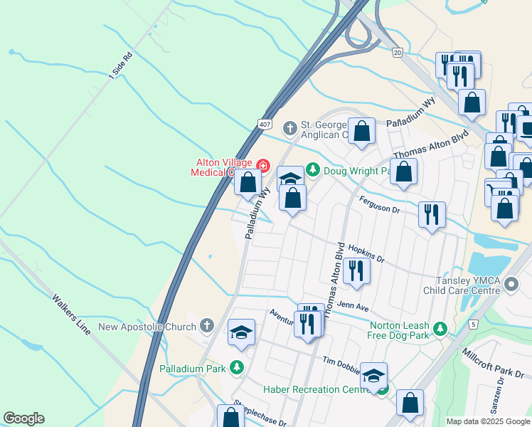 map of restaurants, bars, coffee shops, grocery stores, and more near 4682 Ray Lane in Burlington