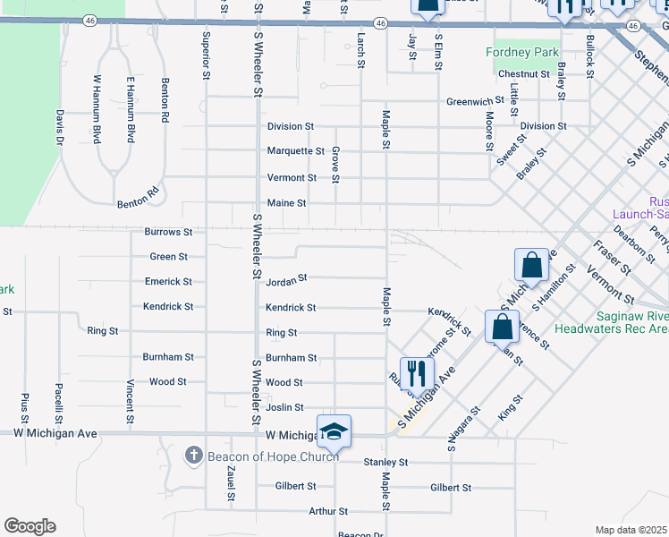 map of restaurants, bars, coffee shops, grocery stores, and more near 1807 Green Street in Saginaw