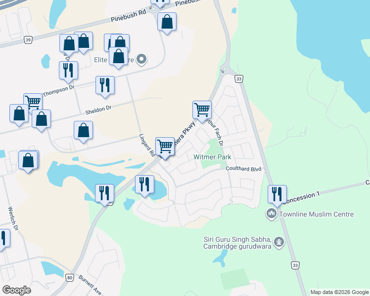 map of restaurants, bars, coffee shops, grocery stores, and more near 605 Sheldon Drive in Cambridge