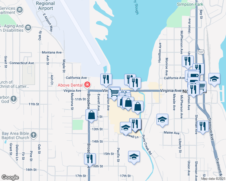 map of restaurants, bars, coffee shops, grocery stores, and more near 1760 Virginia Avenue in North Bend