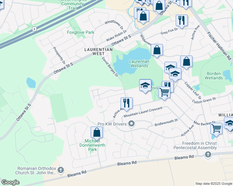 map of restaurants, bars, coffee shops, grocery stores, and more near 34 Peach Blossom Crescent in Kitchener