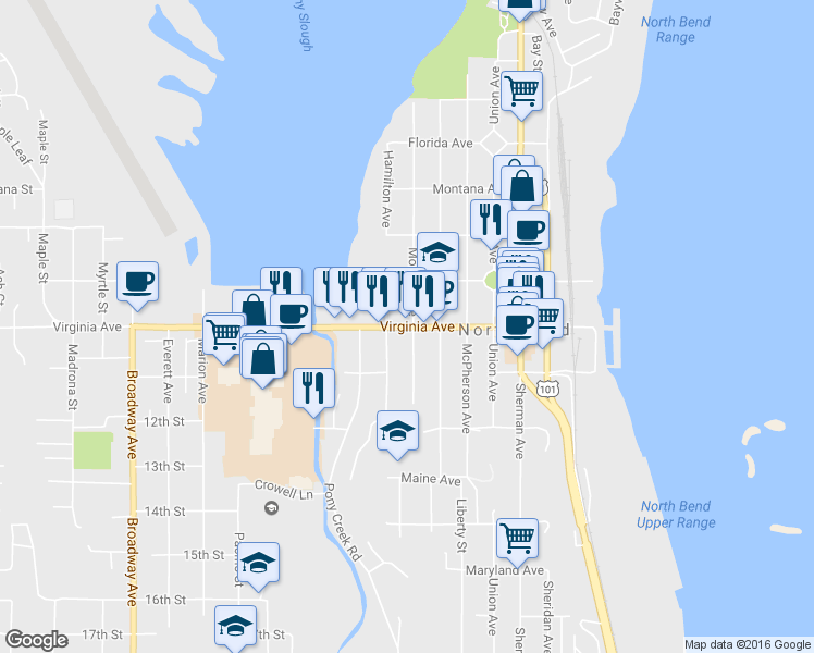 map of restaurants, bars, coffee shops, grocery stores, and more near 1120 Virginia Ave in North Bend