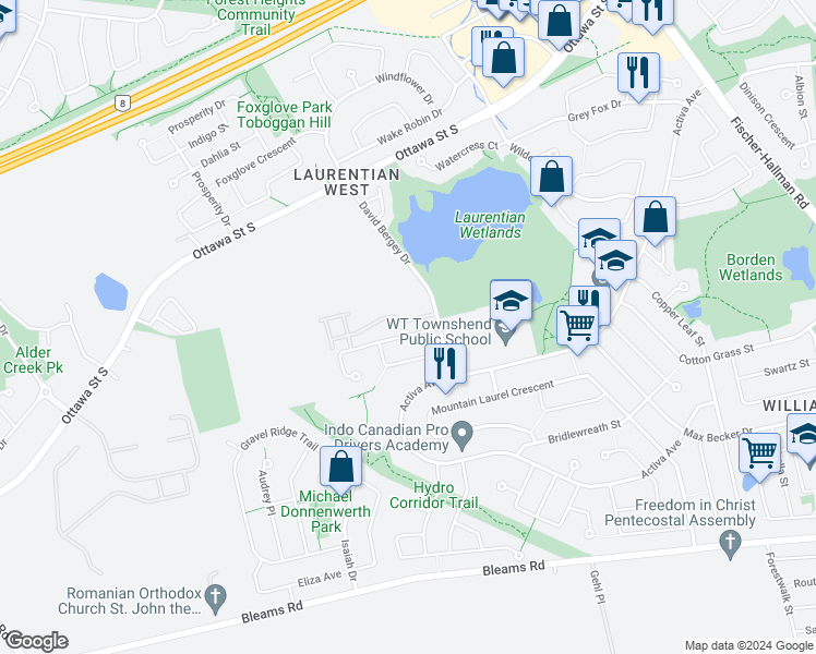map of restaurants, bars, coffee shops, grocery stores, and more near 34 Peach Blossom Crescent in Kitchener