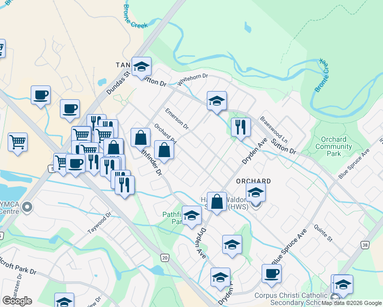 map of restaurants, bars, coffee shops, grocery stores, and more near 2341 Orchard Road in Burlington
