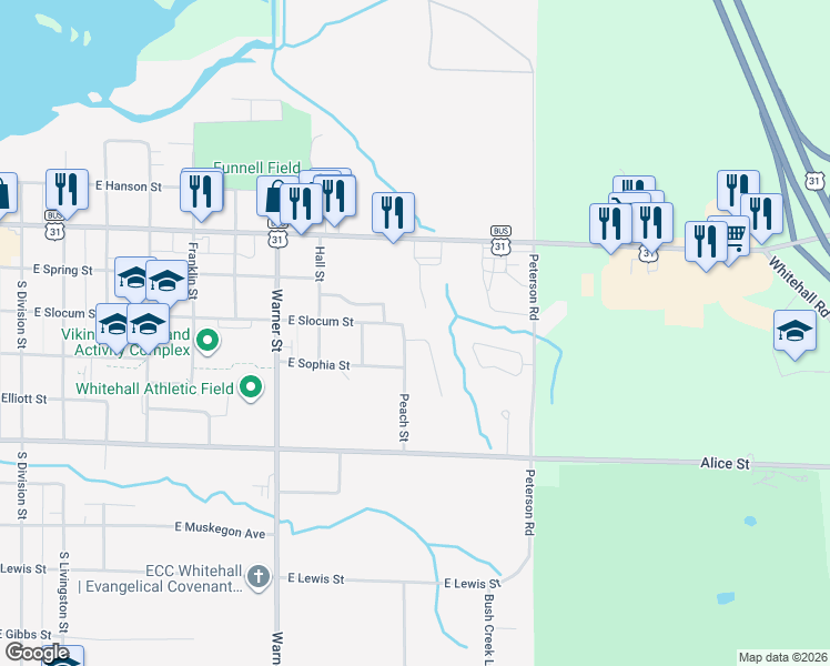 map of restaurants, bars, coffee shops, grocery stores, and more near 1104 Wilshire Drive in Whitehall