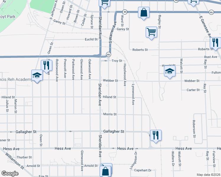 map of restaurants, bars, coffee shops, grocery stores, and more near 2117 Collingwood Avenue in Saginaw