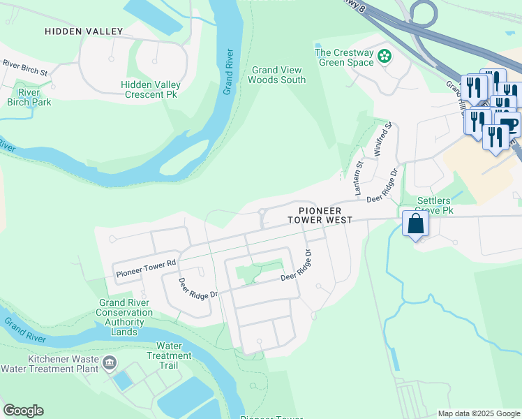 map of restaurants, bars, coffee shops, grocery stores, and more near 250 Deer Ridge Drive in Kitchener