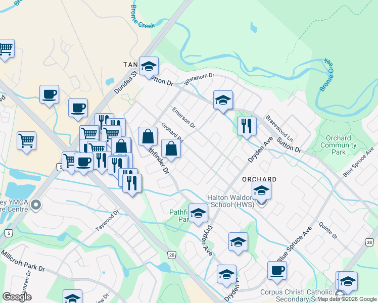 map of restaurants, bars, coffee shops, grocery stores, and more near 5230 Garland Crescent in Burlington