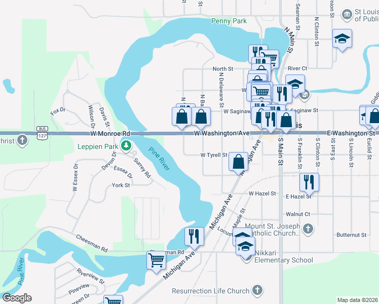 map of restaurants, bars, coffee shops, grocery stores, and more near 113 South Watson Street in St. Louis