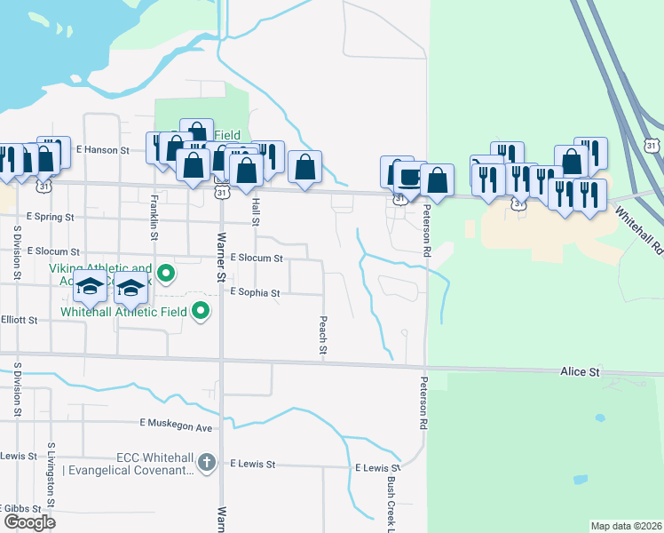 map of restaurants, bars, coffee shops, grocery stores, and more near 1104 Wilshire Drive in Whitehall
