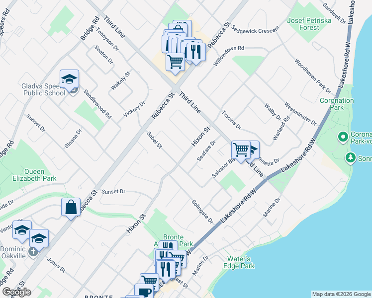map of restaurants, bars, coffee shops, grocery stores, and more near 2063 Hixon Street in Oakville