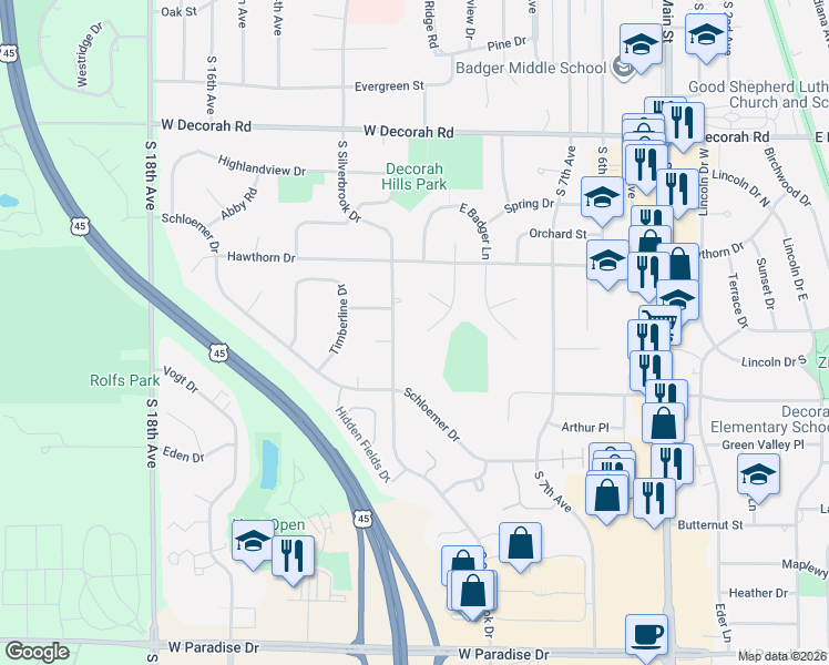 map of restaurants, bars, coffee shops, grocery stores, and more near 1100 Hazelwood Court in West Bend